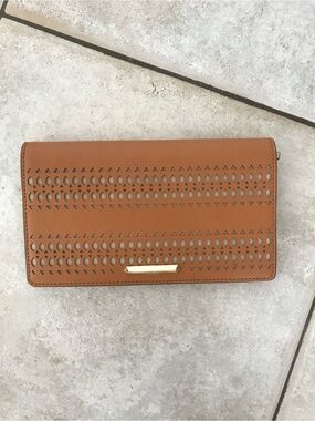 Stella & Dot Tan Perforated Leather Clutch with Gold Accent